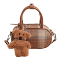 Sac bowling en laine à carreaux marron avec poignées en cuir et breloque ours en peluche - Avec Pendentif / Kaki