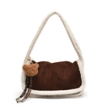 Bolso de hombro de gamuza marrón con ribete de forro polar blanco y colgante de oso - Con Colgante / café