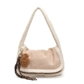 Bolso tote de gamuza sintética beige con adornos de lana blanca y colgante de oso - Con Colgante / Blanco Roto