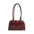 Minimalist burgundy patent leather baguette bag with dual handles and silver buckles - Red