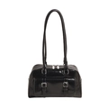 Vintage black faux leather Boston bag with double buckle front pocket and long straps - Black