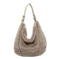 Women's chic faux fur hobo shoulder bag in warm beige with gold hardware and leather strap - Khaki