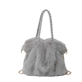 Fuzzy faux fur tote bag in grey with woven handles and golden chain strap - Gray