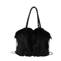 Black faux fur shoulder bag tote with braided handle and gold chain strap for stylish women. - Black