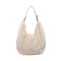 Minimalist beige faux fur hobo shoulder bag with leather strap and gold ring details - Beige