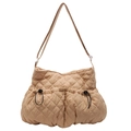 Minimalist quilted shoulder tote bag with front drawstring pockets in beige finish - Khaki