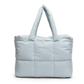 Quilted light blue puffer tote bag with wide padded handles and metal zipper closure - Blue