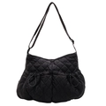 Minimalist black quilted shoulder bag with drawstring design and adjustable strap - Black