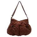 Dark brown quilted puffer tote bag with front drawstring pockets and adjustable strap - Caramel color