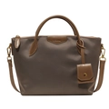 Borsa a mano marrone in nylon leggero con manici in pelle e tracolla rimovibile - Cachi