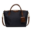 Borsa tote in tessuto Oxford blu scuro con manici in pelle marrone e tracolla regolabile - Blu scuro