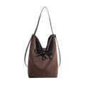 Brown minimalist tote bag with black bow detail and long slim shoulder straps - Brown