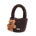 Dark brown lamb wool handbag featuring a cute plush bear pendant and metal logo - Brown