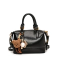 Classic black oil wax leather boston bag with cute bear charm and shoulder strap - With Pendant / Black