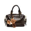 Dark brown polished Boston handbag with cute teddy bear and baseball charms - With Pendant / Brown