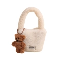 Chic cream white fleece handbag with single handle and cute brown bear pendant charm - No Pendant / Beige