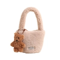Off-white fuzzy fleece bucket handbag featuring a cute brown bear charm and metal logo tag - Khaki