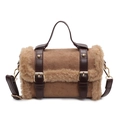Brown suede crossbody bag with plush faux fur trim and gold buckle details for women - Brown