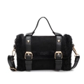 Black faux fur and leather square handbag with golden buckles and detachable strap - Black