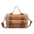 Brown suede shoulder bag with light camel faux fur trim and gold buckle accents - Khaki