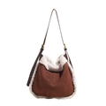 Borsa tote in ecopelle scamosciata marrone con bordo in pile bianco e tracolla in pelle - Marrone