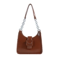 Brown glossy underarm bag with a large buckle and woven edge detail for women - Brown