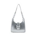 Silver metallic textured shoulder bag with woven edges and large square buckle - Silver