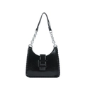 Classic black patent leather shoulder bag with silver chain strap and square buckle - Black