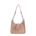 Pink matte leather hobo bag with woven edges and decorative square buckle for women - Pink