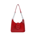 Glossy red half-moon shoulder bag with square buckle and metallic chain strap detail - Burgundy