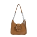 Brown PU leather shoulder bag with woven edge detail and large buckle accents - Khaki