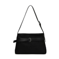 Borsa tote nera minimalista con tracolla in pelle e fibbia argento su sfondo bianco - Nero