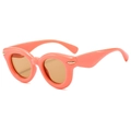 Fashionable salmon pink thick-frame sunglasses with dark brown lenses and gold accents - Pink Frame Tea Lens