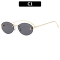 Vintage gold metal oval rimless sunglasses with black lenses and rhinestone F detail - C1-Black Grey Lens