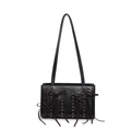 Borsa sottobraccio nera in similpelle con lacci marroni scuri e borchie argento - Nero