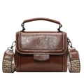 Borsa a tracolla vintage marrone in pelle cerata con ampia tracolla jacquard e parti scure - Marrone