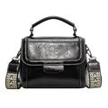 Borsa a mano retrò nera lucida con cuciture bianche e tracolla larga fantasia - Nero