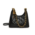 Quilted black leather hobo bag with gold chain strap and lock charm detail - With Pendant / Black / S