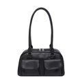 Schwarze Retro-Schultertasche aus Kunstleder mit Struktur und zwei vorderen Klapptaschen - Schwarz