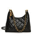 Quilted black leather hobo bag with chunky gold chain strap and padlock detail - With Pendant / Black / L
