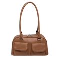 Retro brown leather underarm bag with double front pockets and silver hardware detail - Tan