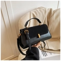 Elegant black square bag with suede-leather texture, gold buckle, and adjustable strap - Black