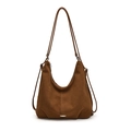 Dark brown faux suede tote bag with silver metal accents and long adjustable shoulder straps - Brown