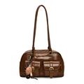 Vintage dark brown Boston pillow bag in oily finish leather with front pockets and charm - Brown