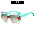 Retro oval sunglasses featuring transparent blue frames with red and green stripes C5 - Clear Frame Red Green Stripe Green Yellow Lens (C5)