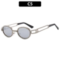 Silver oval sunglasses with colorful rhinestones and hollow geometric temples - Silver Frame Silver Mirror Lens
