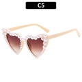 Fashionable cream heart sunglasses with pearl embellishments and brown gradient lenses - Beige Frame Double Tea Lens
