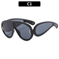 Futuristic oversized wrap-around sports sunglasses in black frame with gold metal trim - Black Frame Grey Lens