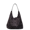 Grande borsa hobo in tela con stampa leopardata grigia e spalline sottili nere da donna - Nero