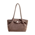 Brown faux suede tote bag with long smooth leather straps and silver buckle detail - Gray